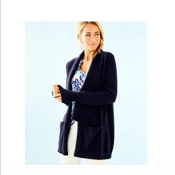 Lilly Pulitzer Sweater Open Cardigan Small Navy Blue Cashmere Norwood Pockets - Picture 1 of 16